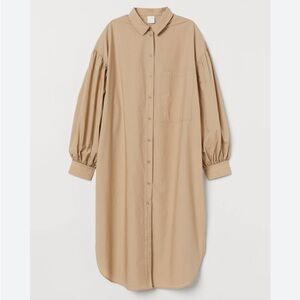 H&M oversize shirt beige dress! Button down! Puff sleeves, cuffs Size M